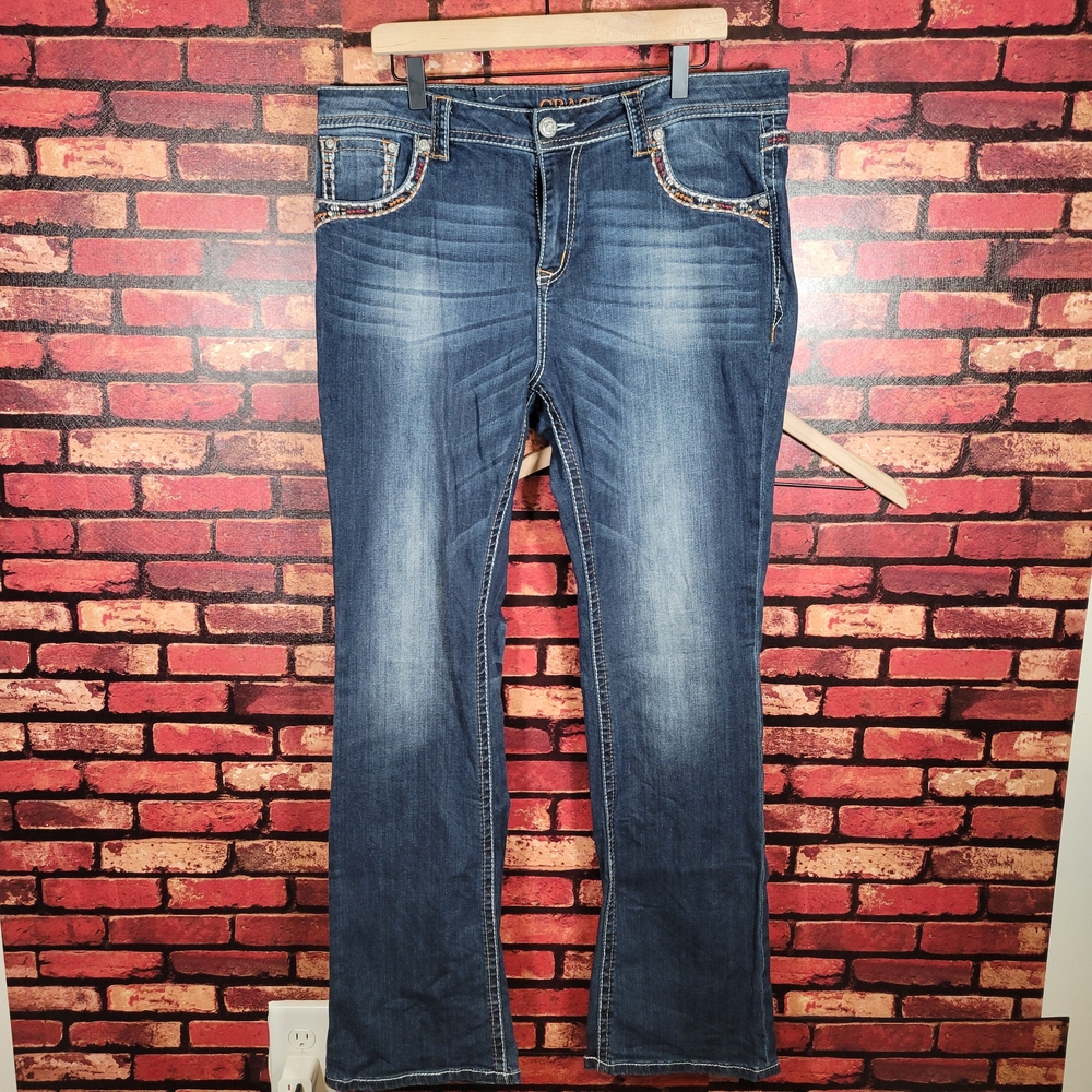 Grace in LA Women's Boot Cut Jeans - Dark Blue with Embellished Trim